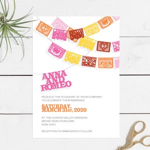 Mexican Fiesta Wedding Invitations with Papel Picado | printable & customisable invites | destination wedding | colourful wedding affordable