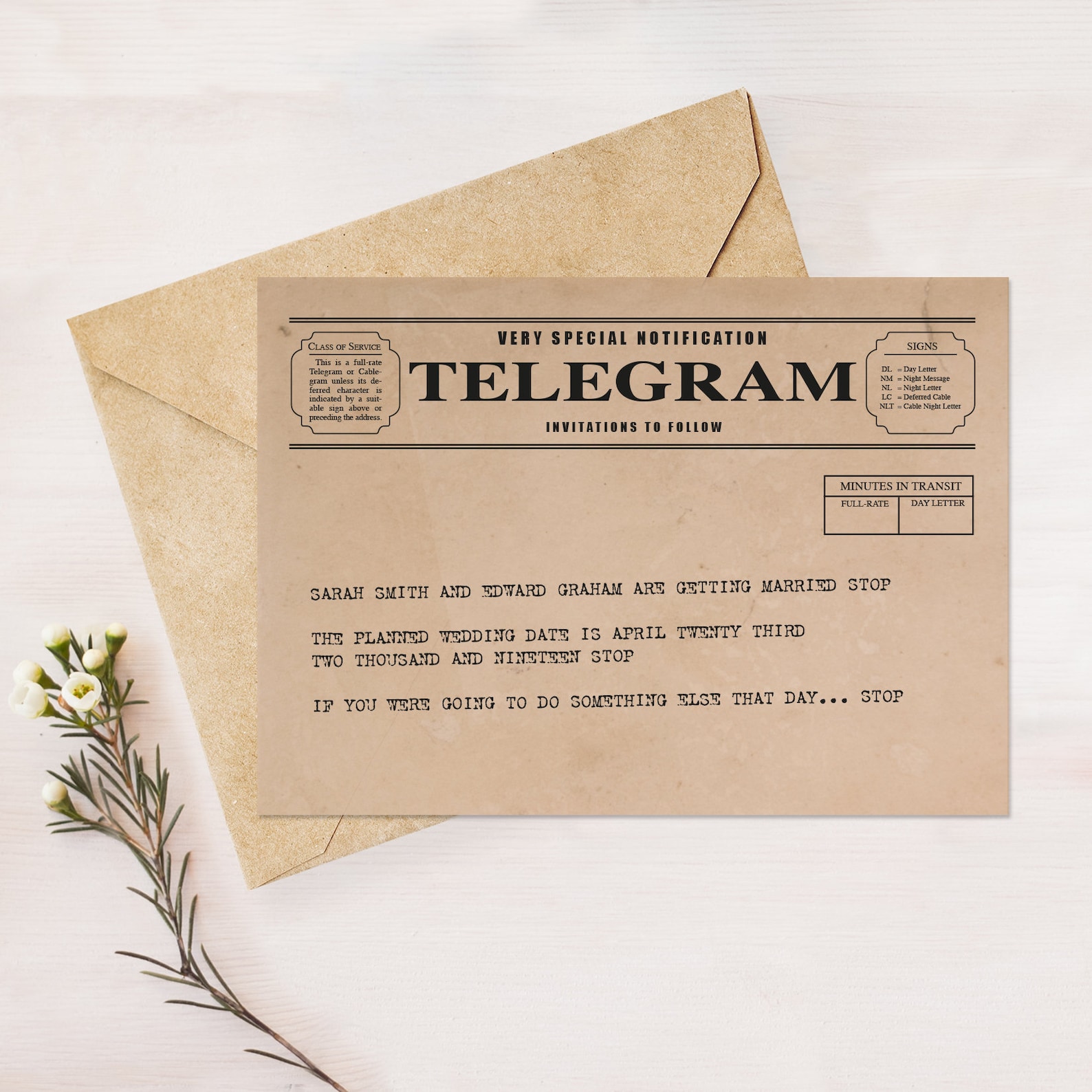 Vintage telegram printable wedding stationery set invitation | Etsy