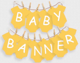 baby shower decorations - printable download - yellow, baby one piece, alphabet banner, boy, girl, gender neutral, bright, welcome, ABCs diy