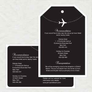 May include: Black and white wedding invitation with a plane icon and text that reads "Accommodation" and "Transportation". The invitation includes hotel and transportation information for guests attending the wedding.