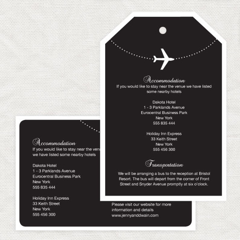 May include: Black and white wedding invitation with a plane icon and text that reads "Accommodation" and "Transportation". The invitation includes hotel and transportation information for guests attending the wedding.