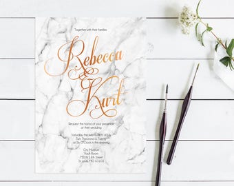 marble wedding invitation elegant with faux copper - diy printable file - personalised modern calligraphy classic design, stone luxury look