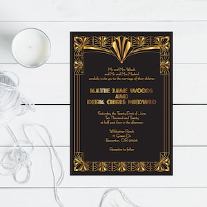 gorgeous gatsby invitation - printable file - 1920s art deco custom wedding invitation, hollywood glamor, black and gold, diy print at home