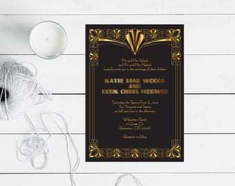 gorgeous gatsby invitation - printable file - 1920s art deco custom wedding invitation, hollywood glamor, black and gold, diy print at home