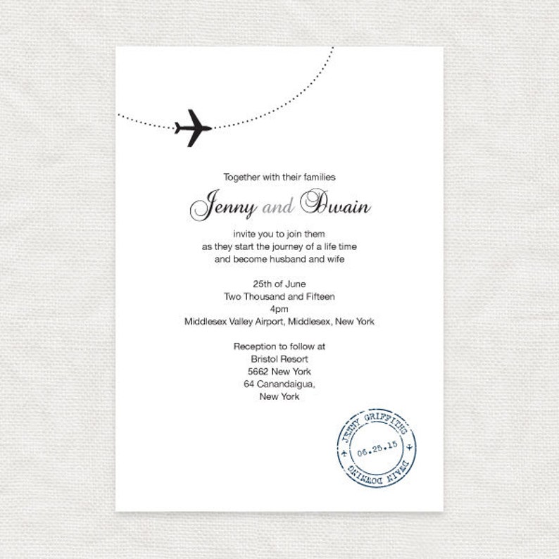 May include: Wedding invitation with a black airplane icon and a dotted line. The invitation is for Jenny and Dwain, and it states the wedding will be held on June 25th, 2015 at 4pm at Middlesex Valley Airport in Middlesex, New York. The reception will be held at Bristol Resort in Canandaigua, New York.