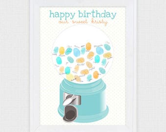 gumball machine fingerprint guest book - printable file - birthday, wedding, retro candy, thumbprint, new baby girl or boy, baby shower game