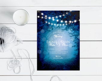 into the woods printable woodland wedding invitation fairytale fantasy forest tree fairy lights blue purple magical whimsical diy customised