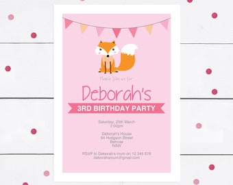 girl fox birthday invitation - pink fox baby shower invite - DIY DOWNLOAD - woodland animal invitation, forest animal invite, girls party