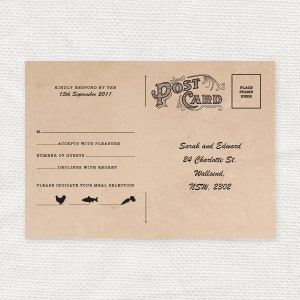Postal de respuesta vintage personalizada para bodas y eventos - IMPRIMIBLE - Tarjeta de respuesta rústica, con o sin opciones de comida, en papel kraft
