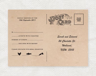 Custom designed vintage rsvp postcard for weddings & events - PRINTABLE - rustic reply card, response card, with/without meal options kraft