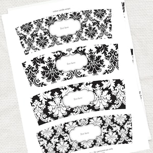 damask candle wraps - printable editable file - black and white votive wrap wedding decoration instant download