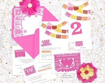 fiesta printable wedding stationery set invitation suite mexican papel picado invite, reception or ceremony package mexico colorful party