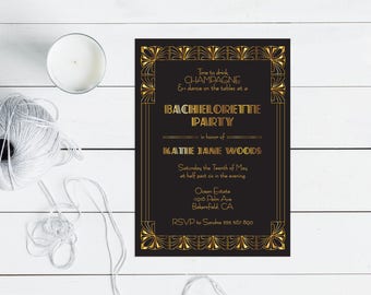 magnifique invitation à un enterrement de vie de jeune fille gatsby - imprimable - douche nuptiale des années 1920 art déco noir et or inviter poules nuit glamour hollywoodien