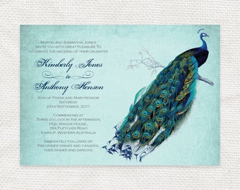 vintage peacock wedding invitation printable diy wedding invitations bridal shower or rehearsal dinner invite