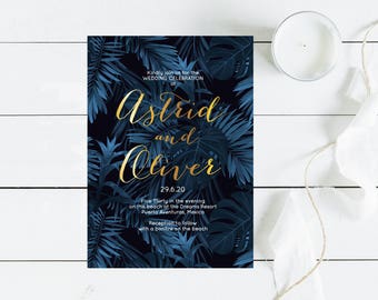 tropical wedding invitation luxe palm leaves - diy printable design, destination beach wedding resort, glamorous elegant, personalised, gold