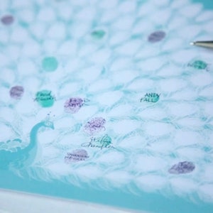 May include: A teal peacock-themed guest book with a pen. The peacock's tail feathers are represented by white shapes, with colorful fingerprints and names. The peacock is on a light blue background.