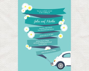 wedding invitation printable vintage car - the love bug 1960s daisy, retro car with ribbon banner, flowers floral, mod wedding car hippy fun