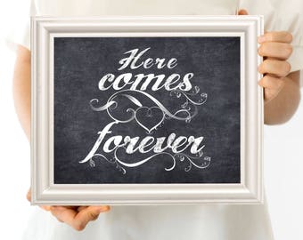 here comes forever wedding sign - printable file - faux chalkboard, ceremony signage, page boy sign, instant download, diy poster decoration