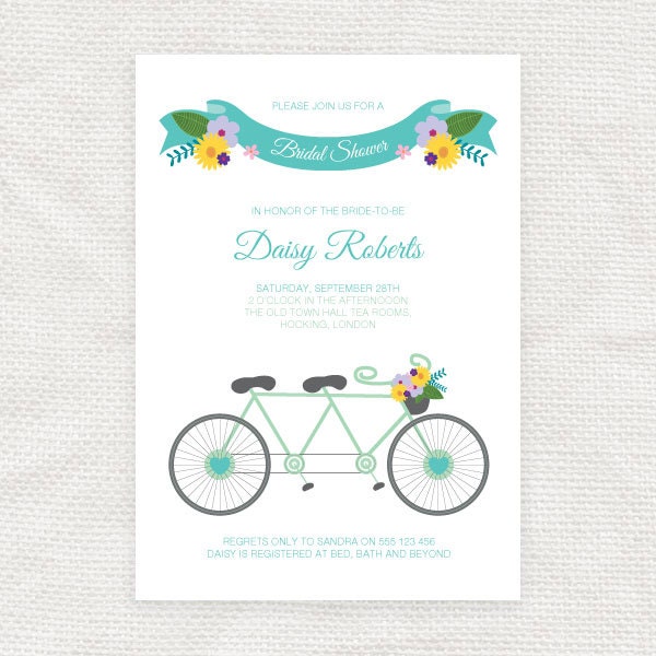 Invitation de douche nuptiale ou invitation de mariage de vélo tandem - fichier DIY imprimable - vélo tandem, fleurs florales, douche de couples construite pour deux