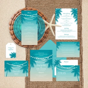 Ausdruckbare Hochzeitseinladung, tropische Nächte - moderne Palmen Lichterkette mit Strandmotiv laden ein, Hochzeitseinladung oder Hochzeitspapeterie ein