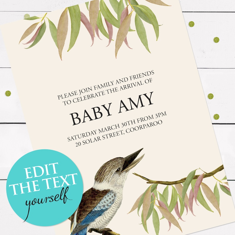 Puede incluir: Una invitaci&oacute;n a una fiesta de bienvenida al beb&eacute; con una ilustraci&oacute;n de acuarela de hojas de eucalipto y un kookaburra. El texto dice "Por favor, &uacute;nase a la familia y amigos para celebrar la llegada de Baby Amy. S&aacute;bado 30 de marzo a partir de las 3 pm. 20 Solar Street, Coorparoo."