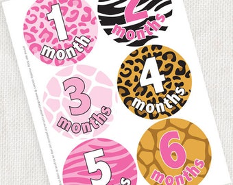 animal skin printable baby girl monthly milestone stickers leopard zebra giraffe pattern pink month jumpsuit t shirt transfer