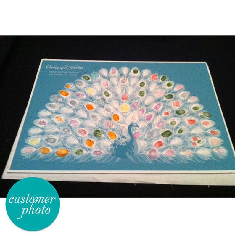May include: A teal-colored artwork featuring a peacock with a fanned tail. The tail feathers are adorned with colorful dots. The artwork has the text "Customer Photo" in a teal circle at the bottom.