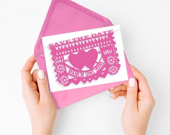 Colorful Fiesta Save the Date Cards | Papel Picado Design | Customizable Colors | Double-Sided and Printable | Colorful wedding announcement
