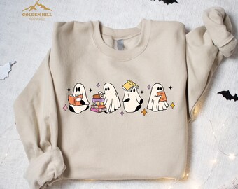 Cute Ghost Reading Book Sweatshirt, Bookworm Ghost Shirt, Book Lover Halloween Gift, Fall Graphic Tee, Spooky Season, Womens Halloween Shirt
