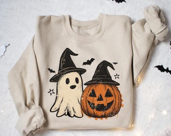 Ghost and  Pumpkin Halloween Sweatshirt: Fall Spooky Season Shirt, Witch Halloween Sweater