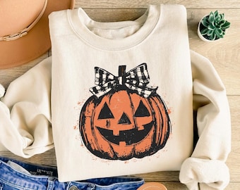 Women Coquette Bow Fall Pumpkin Sweatshirt: Halloween Spooky Mom Shirt, Fall Season Gift