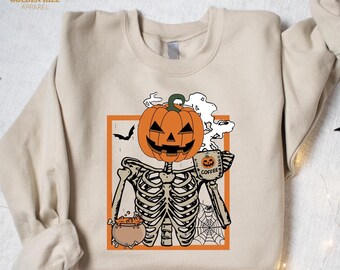 Pumpkin Skeleton Coffee Sweatshirt, Skeleton Coffee Lover Sweatshirt, Funny Halloween Shirt, Fall Pumpkin Sweatshirt, Cute Coffee Lover Gift