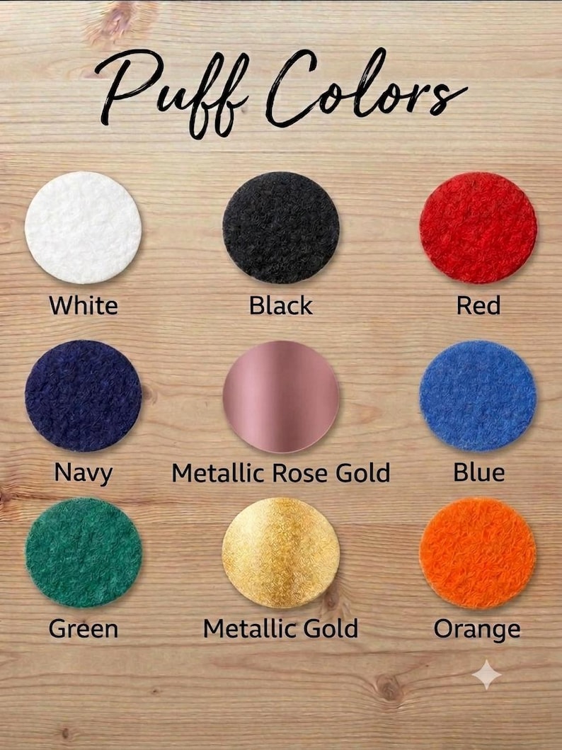 a collection of nine different colored puffy felt materials, including white, black, red, navy blue, metallic rose gold, blue, green, metallic gold, and orange.
