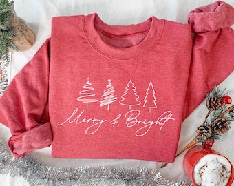 Merry & Bright Christmas Tree Sweatshirt, Womens Festive Holiday Sweater, Christmas Graphic Tee