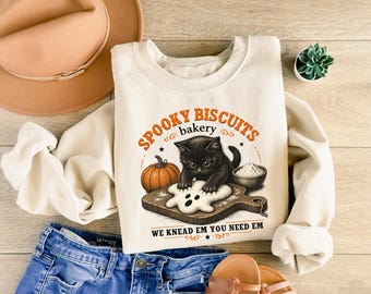 Black Cat Halloween Sweatshirt, Cute Ghost Cookie Tee, Spooky Biscuits Bakery T-Shirt