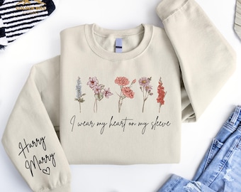 I Wear My Heart On My Sleeve Sweatshirt, Personalized Kids Name Shirt, Mothers Day Gift, Floral Mom Sweatshirt, Wildflowers Gift For Mothers