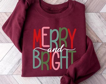 Retro Merry and Bright Christmas Sweatshirt: Womens Holiday Gift, Xmas Shirt