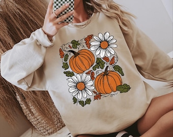 Womens Floral Pumpkin Sweatshirt: Pumpkin Thanksgiving Shirt, Retro Fall Vibes, Cute Autumn Gift