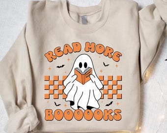 Halloween Read More Boooooks Sweatshirt, Ghost Reading Sweatshirt, Halloween Gift For Book Lovers, Ghost Shirt, Womens Halloween Sweatshirt