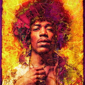 May include: A close-up portrait of a man with long, curly hair. He is wearing a patterned shirt and a gold necklace with a large pendant. The background is a vibrant yellow and orange with splashes of red and purple.