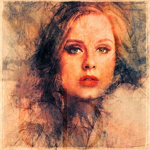 May include: A close-up portrait of a woman with long, dark hair. Her eyes are green and she is wearing makeup. The background is a blurred, textured canvas.
