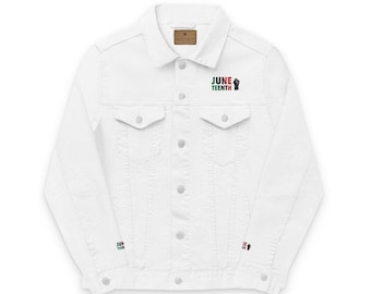 Unisex White Denim Jacket - Custom Embroidered 'Juneteenth' Design