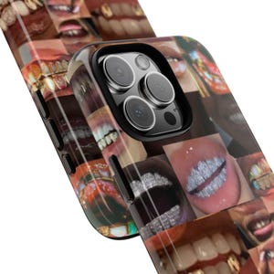 May include: A black phone case with a collage of images of mouths with gold and diamond teeth. The case has a camera lens cutout and a black border.