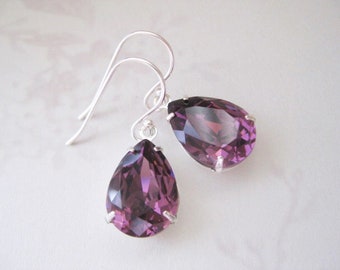 Amethyst Crystal Earrings , Teardrop Earrings, Purple dangle earrings, February Birthstone gift , Gift for her