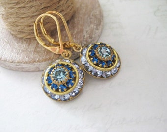 Sophia - Crystal Earrings , Art Deco Style Drops , Multi crystal dome Earrings , Blue Drops , Crystal dangle earrings , Italian renaissance