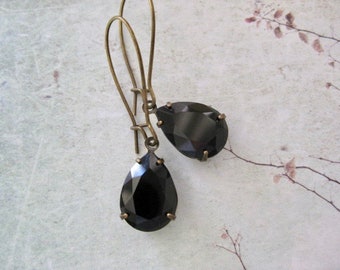 Mia - Long Dainty Jet Black Estate Style Crystal Earrings- Rhinestone jewel tear drop dangle earrings- Bridesmaid earrings