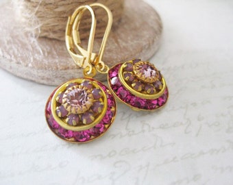 Sophia - Crystal Earrings , Art Deco Style Drops , Multi crystal dome Earring , Pink and Purple Drop , Crystal earring , Italian renaissance