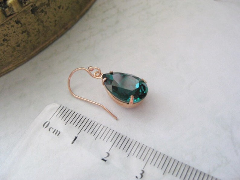 Emerald Green Crystal Earrings , Green Drop , Estate Style , Simple Delicate , Rose Gold Earring ,Wedding Jewellery , Bridesmaids Gift image 3