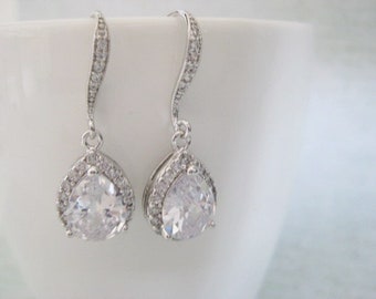 Silver Bridal Earrings , Silver Wedding Earrings, Clear Crystal Earrings , Silver Wedding Jewellery