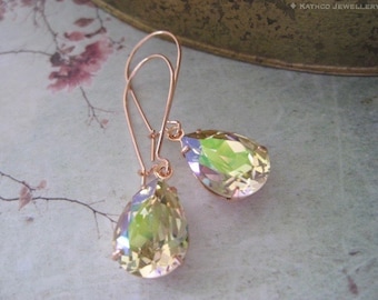 Dainty pear Luminous Green crystal rose gold plated long drop earrings